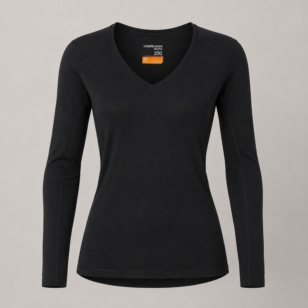 Icebreaker Merino 200 Oasis Long Sleeve V Neck Base Layer Women's Black XS NWT